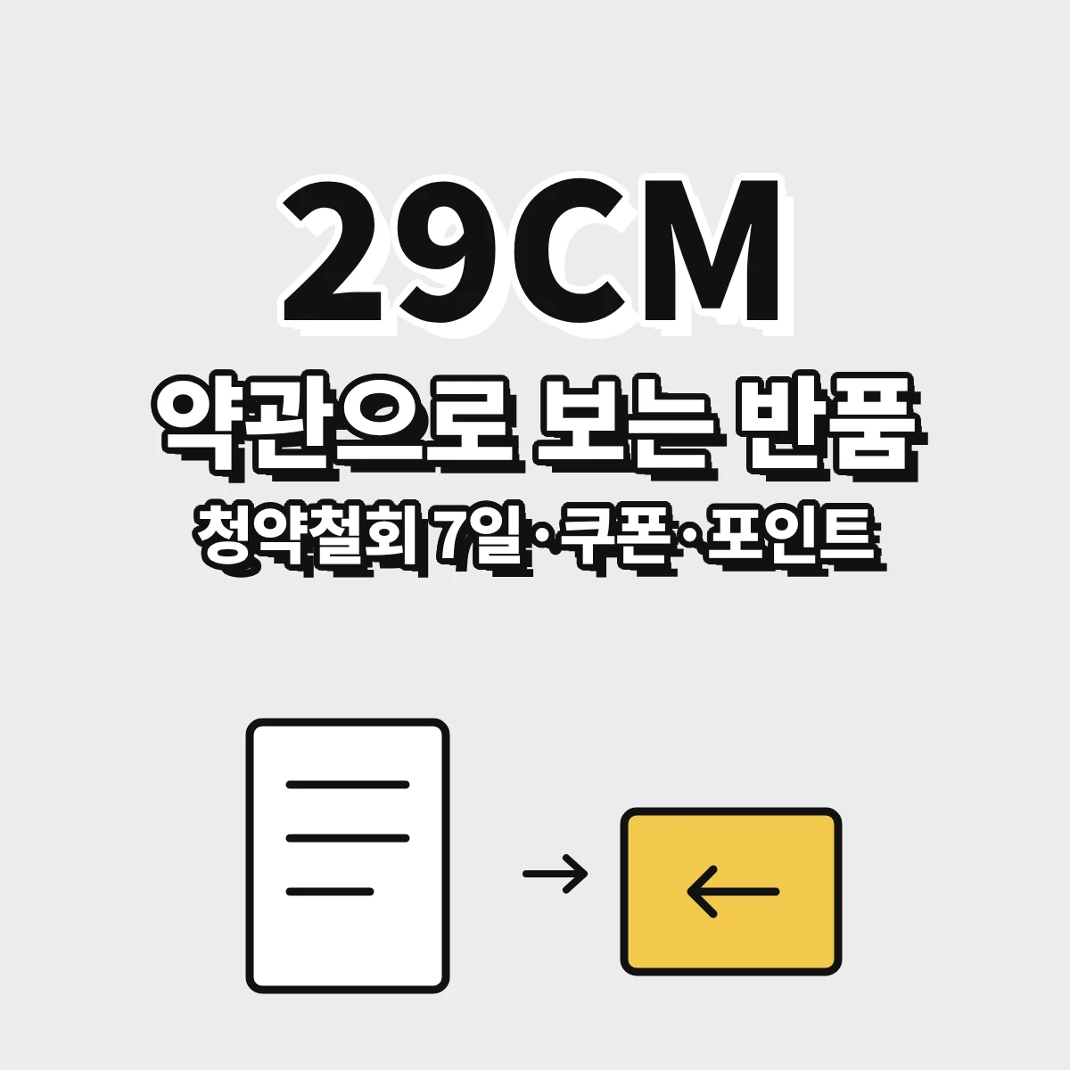 29CM 이용약관 기준 청약철회 7일, 반품 비용 부담 원칙, 할인쿠폰과 무신사 포인트 유효 기간을 정리한 안내 이미지