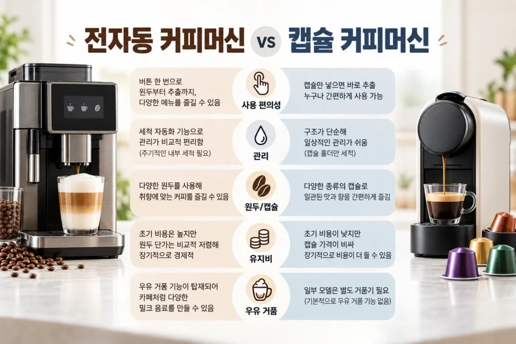 전자동 커피머신과 캡슐 커피머신 사용 편의성 관리 원두 캡슐 유지비 비교