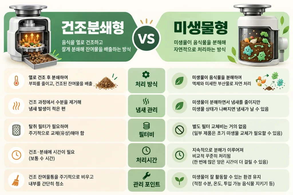 건조분쇄형과 미생물형 음식물처리기 처리 방식 냄새 관리 필터비 처리시간 비교