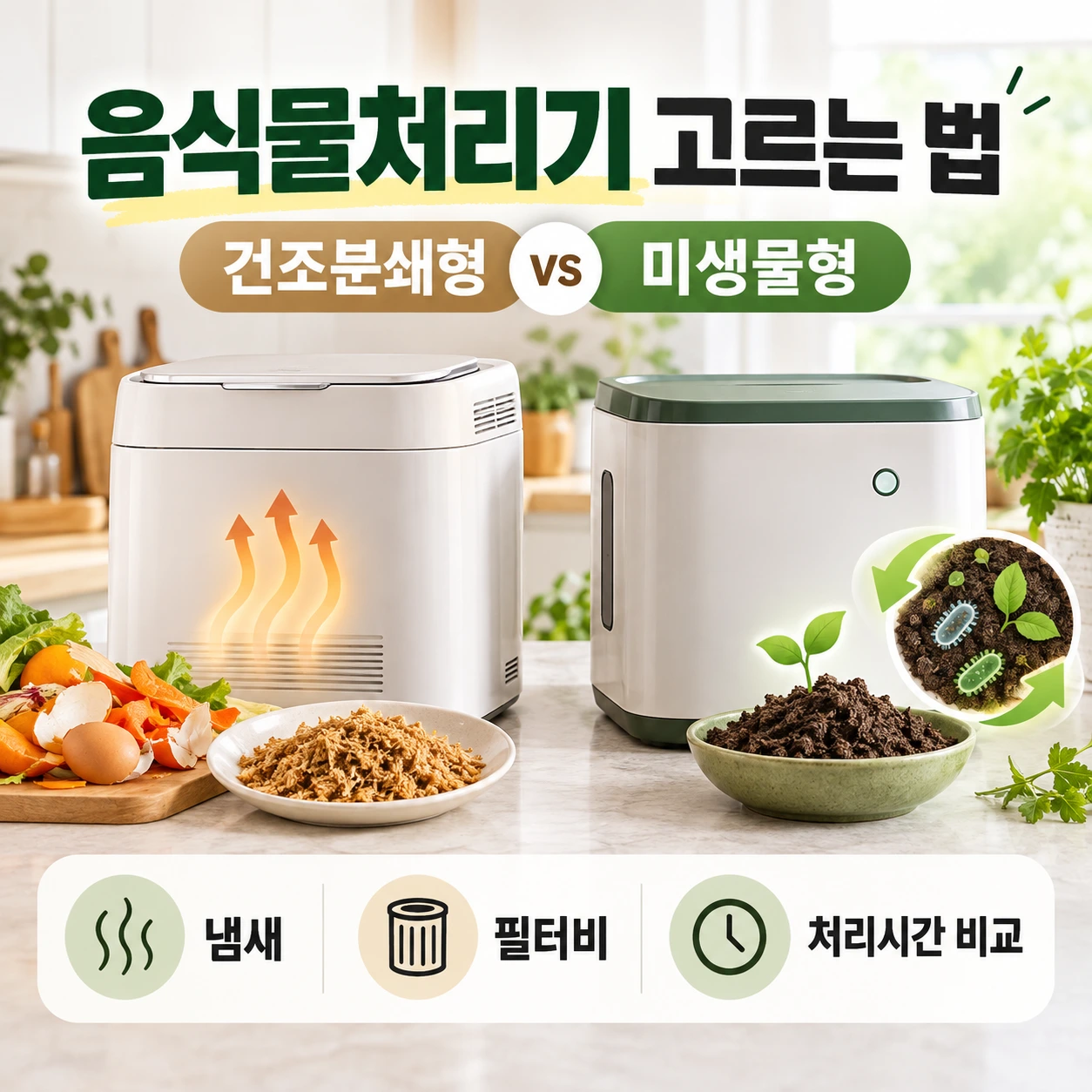 음식물처리기 고르는 법 건조분쇄형 미생물형 냄새 필터비 처리시간 비교