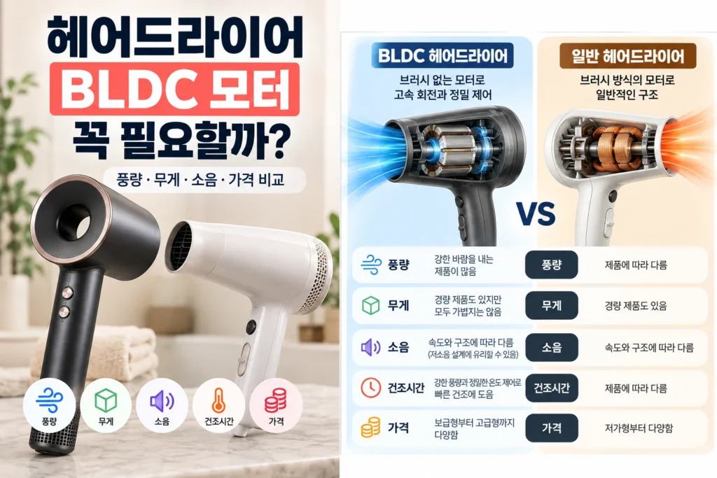 BLDC 헤어드라이어와 일반 헤어드라이어 모터 구조 풍량 무게 소음 가격 비교