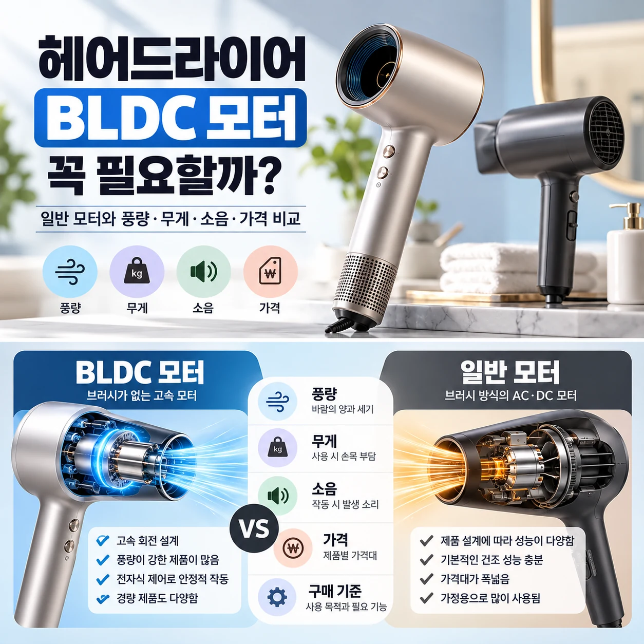 헤어드라이어 BLDC 모터 꼭 필요할까 일반 모터 풍량 무게 소음 가격 비교