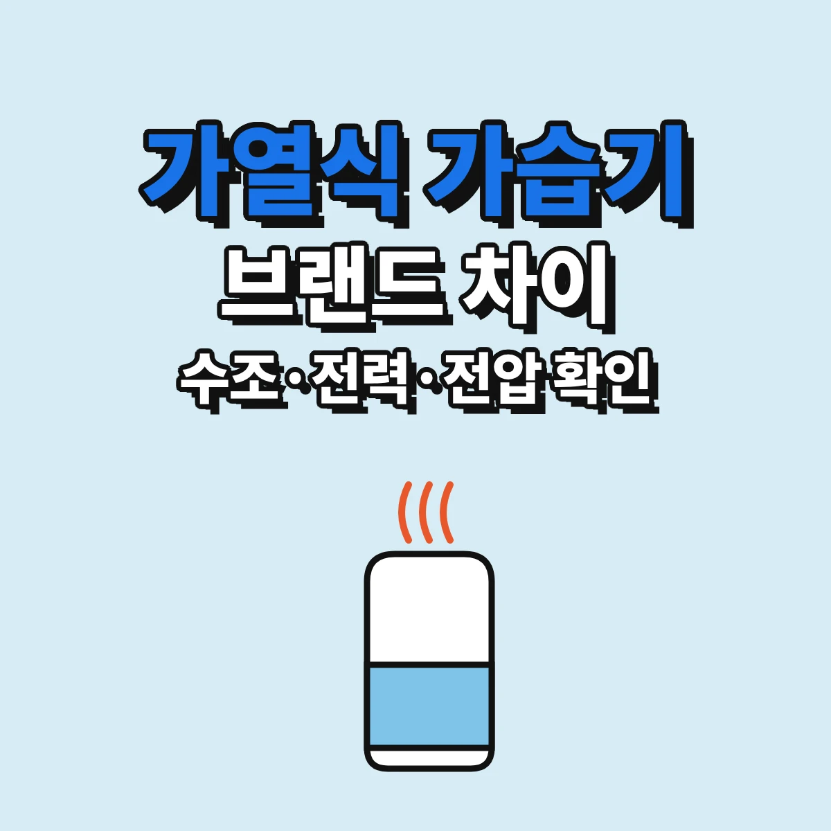 가열식 가습기 브랜드를 수조 용량, 전기 사용량, 끓을 때 소음과 직구 제품 전압으로 비교하는 방법을 정리한 안내 이미지