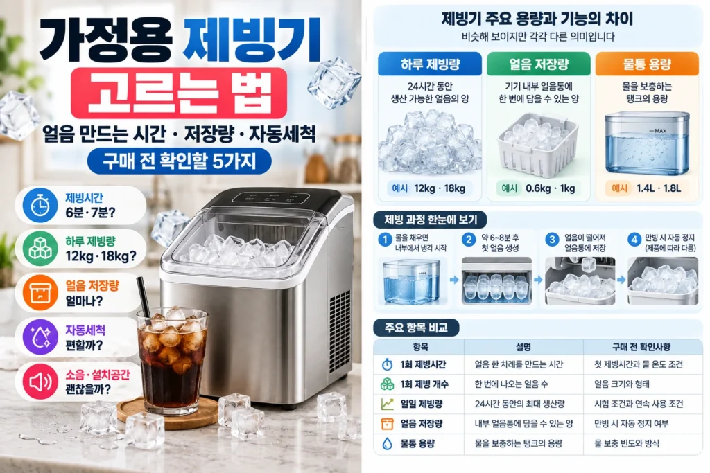 가정용 제빙기 하루 제빙량 얼음 저장량 물통 용량 차이 비교
