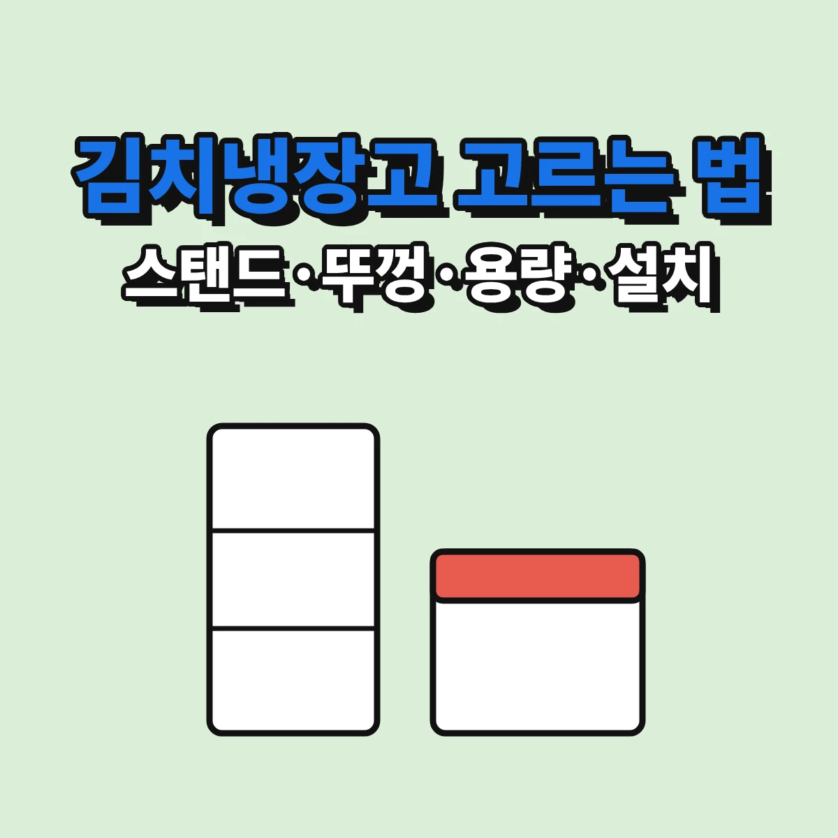 스탠드형과 뚜껑형 김치냉장고의 차이, 김치용기 저장용량, 설치 공간과 에너지 라벨 확인 방법을 정리한 안내 이미지