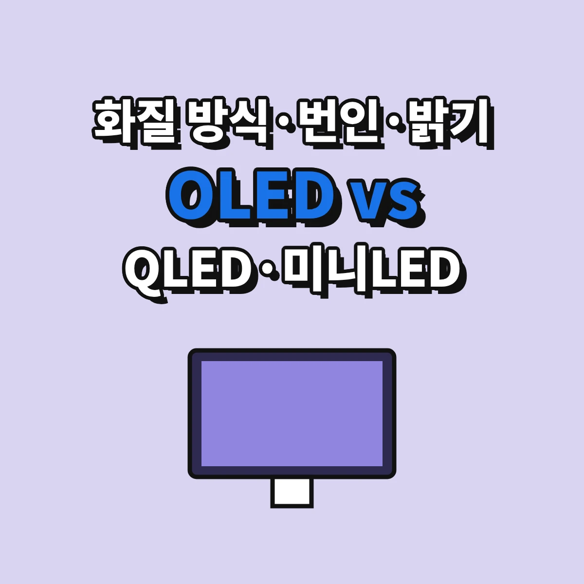 OLED TV와 QLED·미니LED TV의 발광 방식, 번인, 밝기 차이를 비교한 안내 이미지