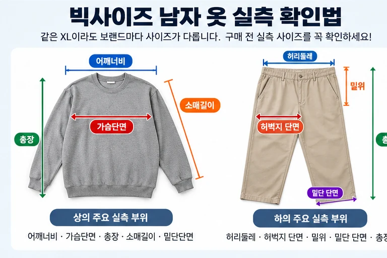 빅사이즈 남자 상의 어깨 가슴 총장과 하의 허리 허벅지 밑위 실측 확인법