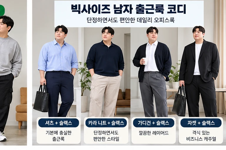 빅사이즈 남성 셔츠 슬랙스 카디건 재킷 출근룩 코디 예시
