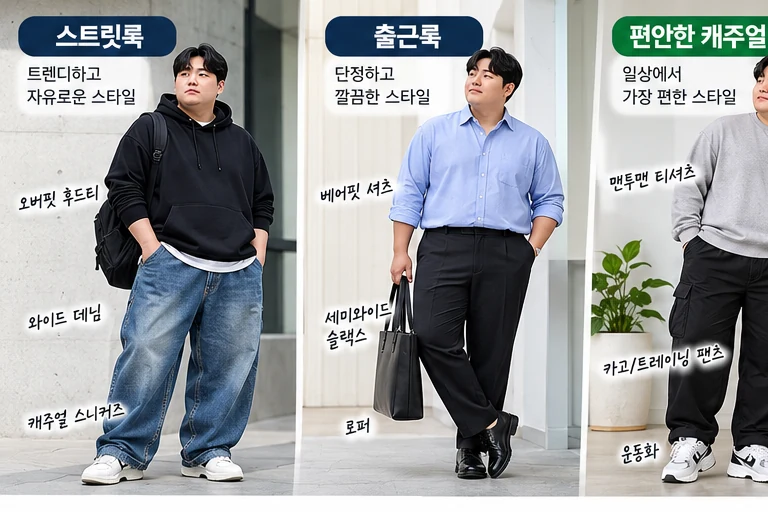빅사이즈 남자 스트릿룩 출근룩 편안한 캐주얼 세 가지 스타일 비교