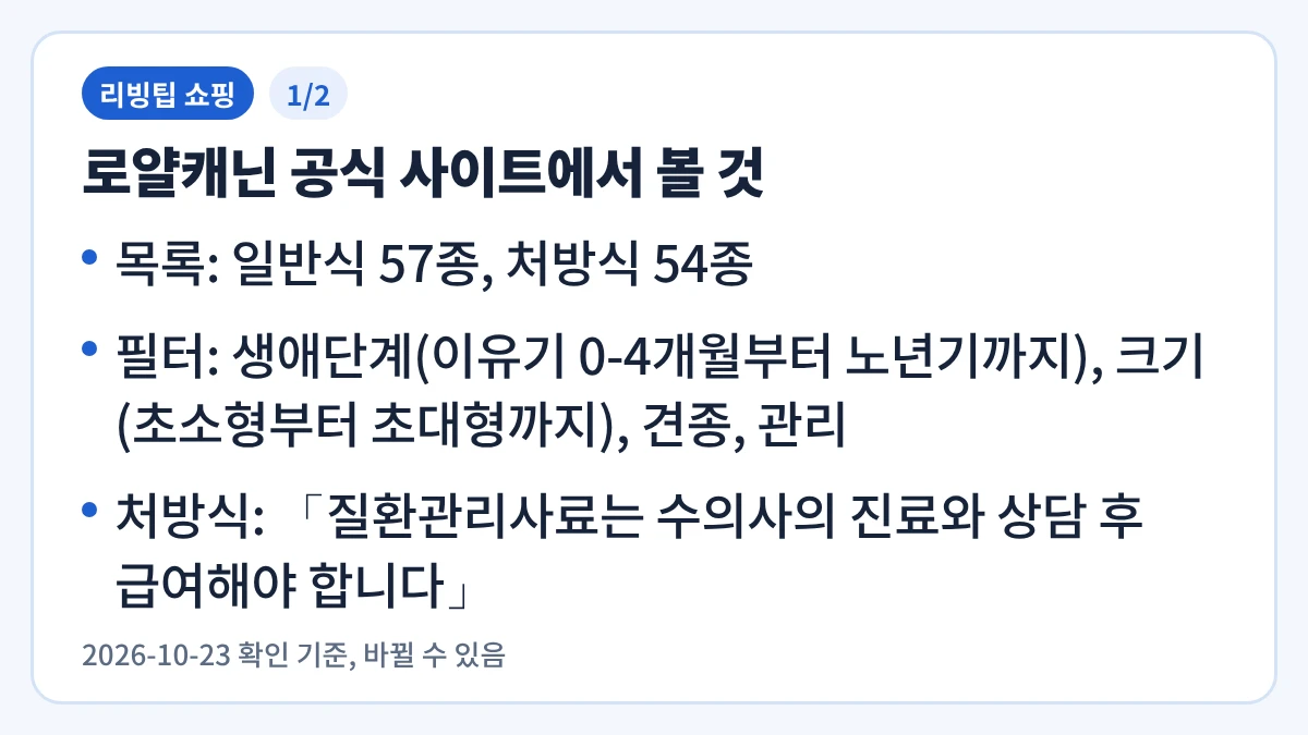 로얄캐닌 공식 사이트에서 볼 것을 정리한 요약 이미지 1/2